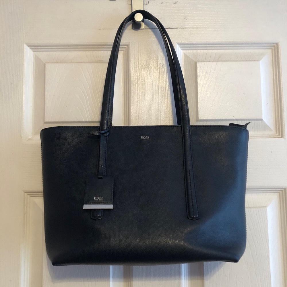 HUGO BOSS Tote Bag Purse Safino Sapphire Blue Leather Zippier Detachable Charm - Picture 3 of 12